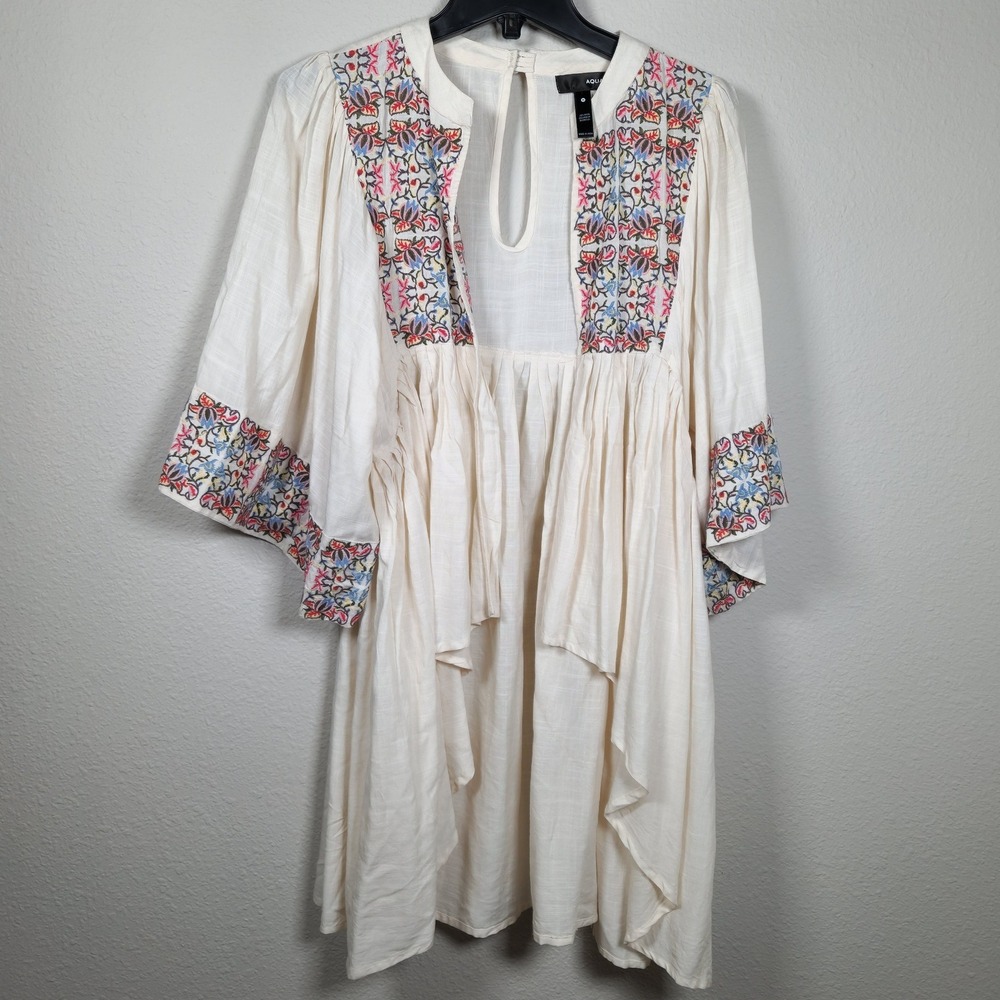 Aqua Embroidered Floral Boho Kimono Babydoll Bell Sleeve High-Low Cover Medium